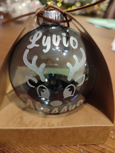 Boules de Noël en verre avec un renne et le nom "Lyvio" écrit dessus.